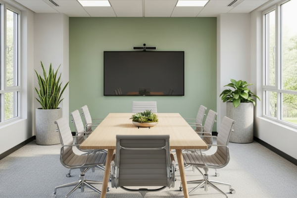 A glimpse into a modern, private meeting room at Infinity Business Centre, featuring a sleek conference table and comfortable chairs, designed for confidential discussions and productive team collaboration.