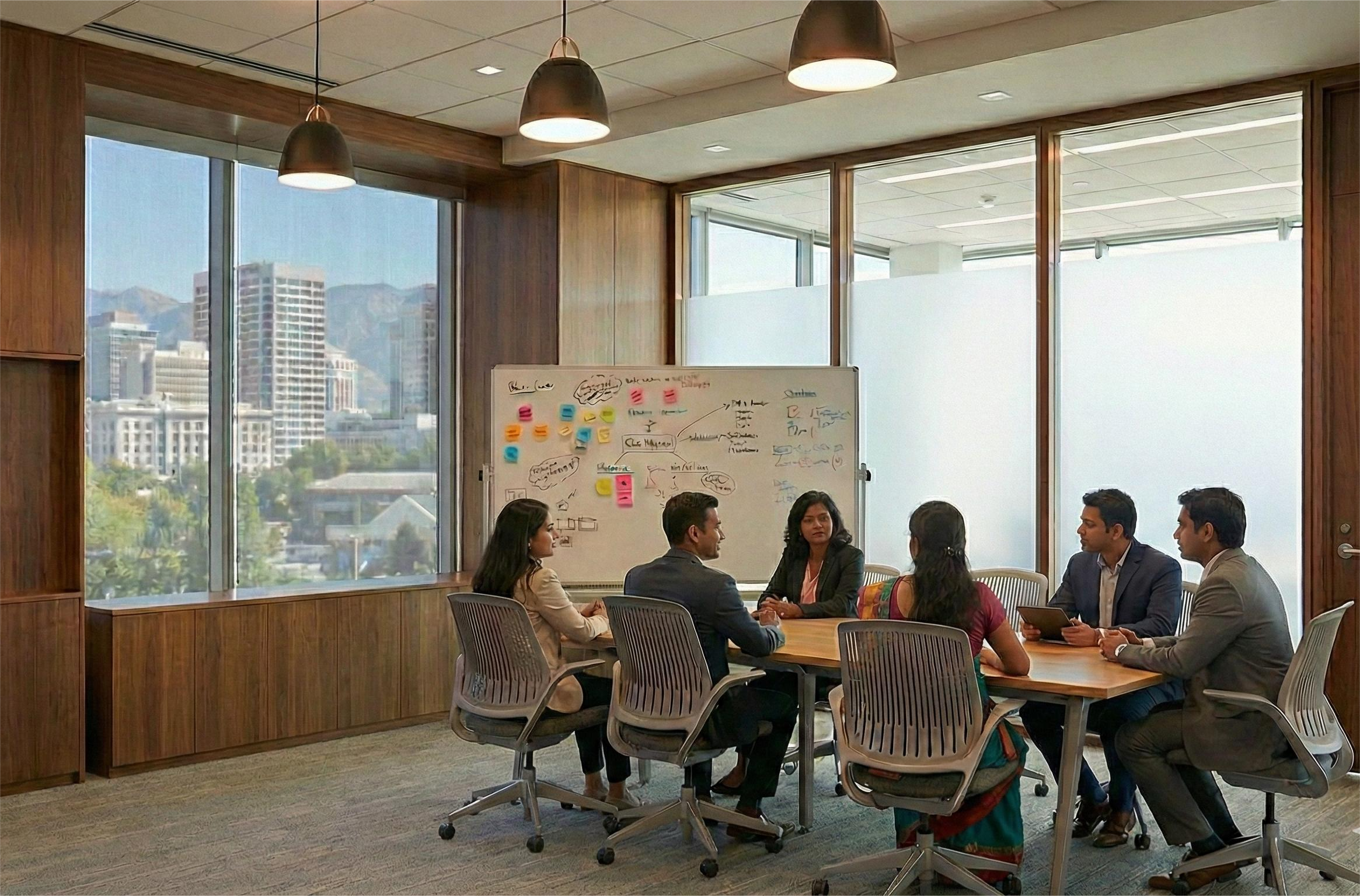 Team collaborating in a modern meeting room at Infinity Business Centre, Salt Lake Sector V, Kolkata skyline view.